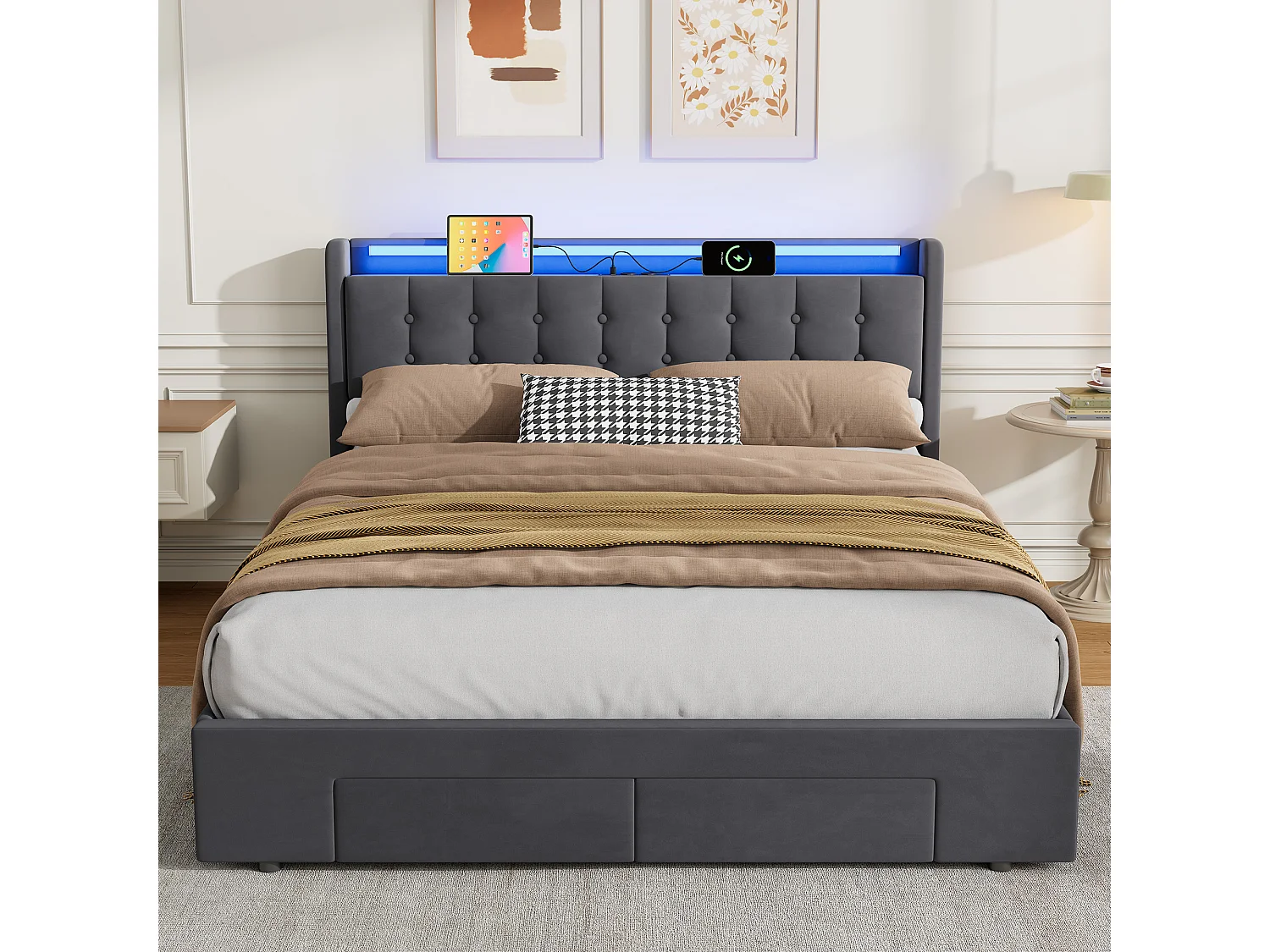 Letto contenitore per adulti 160x190 cm con porta USB, illuminazione a LED e cassetti – Letto matrimoniale in velluto grigio