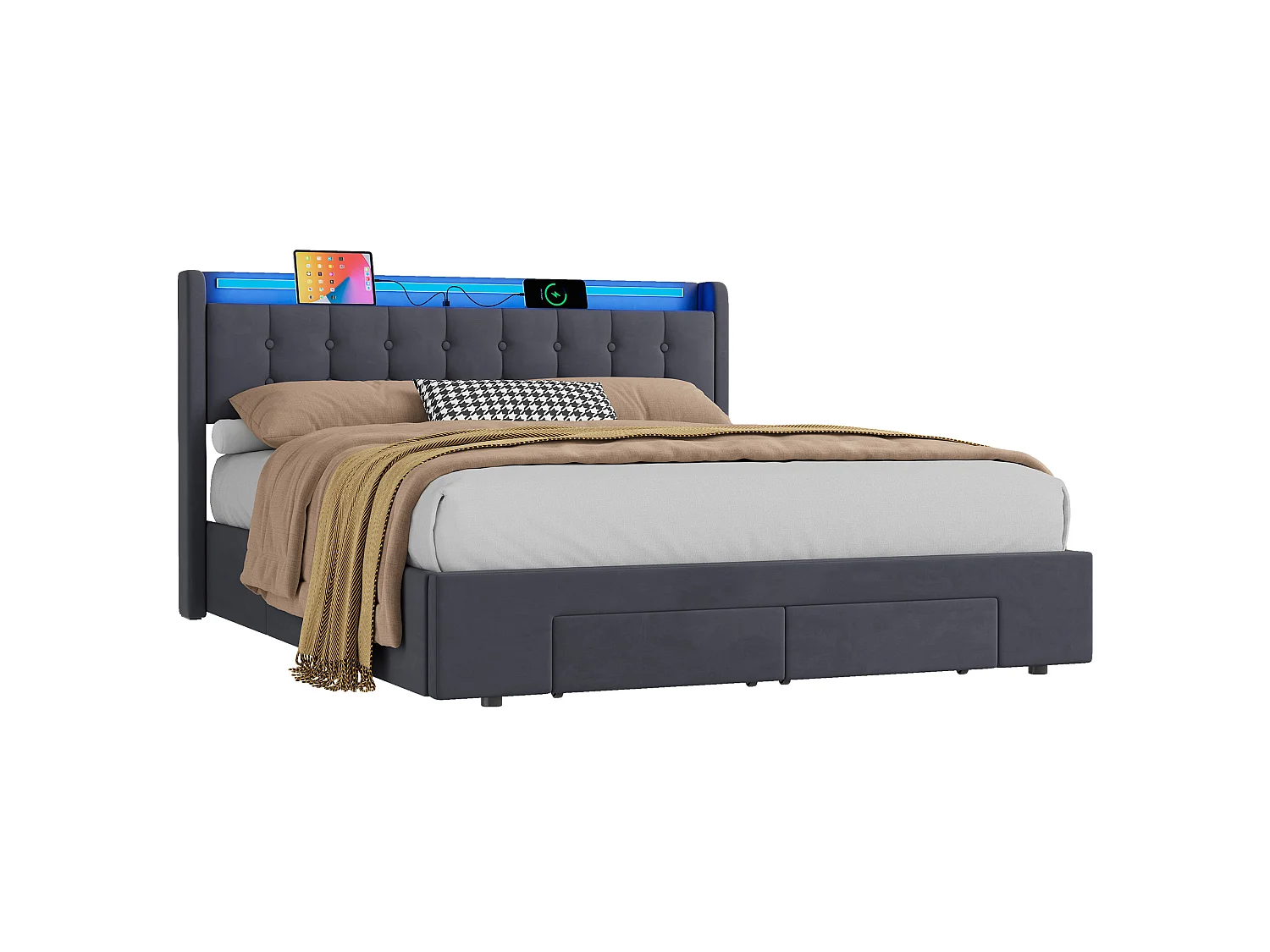 Letto contenitore per adulti 160x190 cm con porta USB, illuminazione a LED e cassetti – Letto matrimoniale in velluto grigio