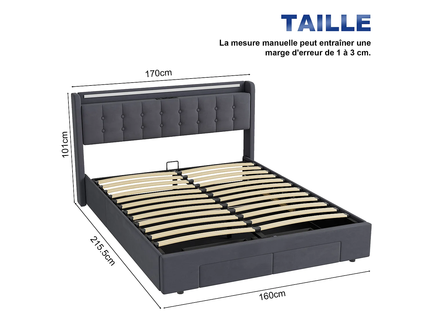Letto contenitore per adulti 160x190 cm con porta USB, illuminazione a LED e cassetti – Letto matrimoniale in velluto grigio