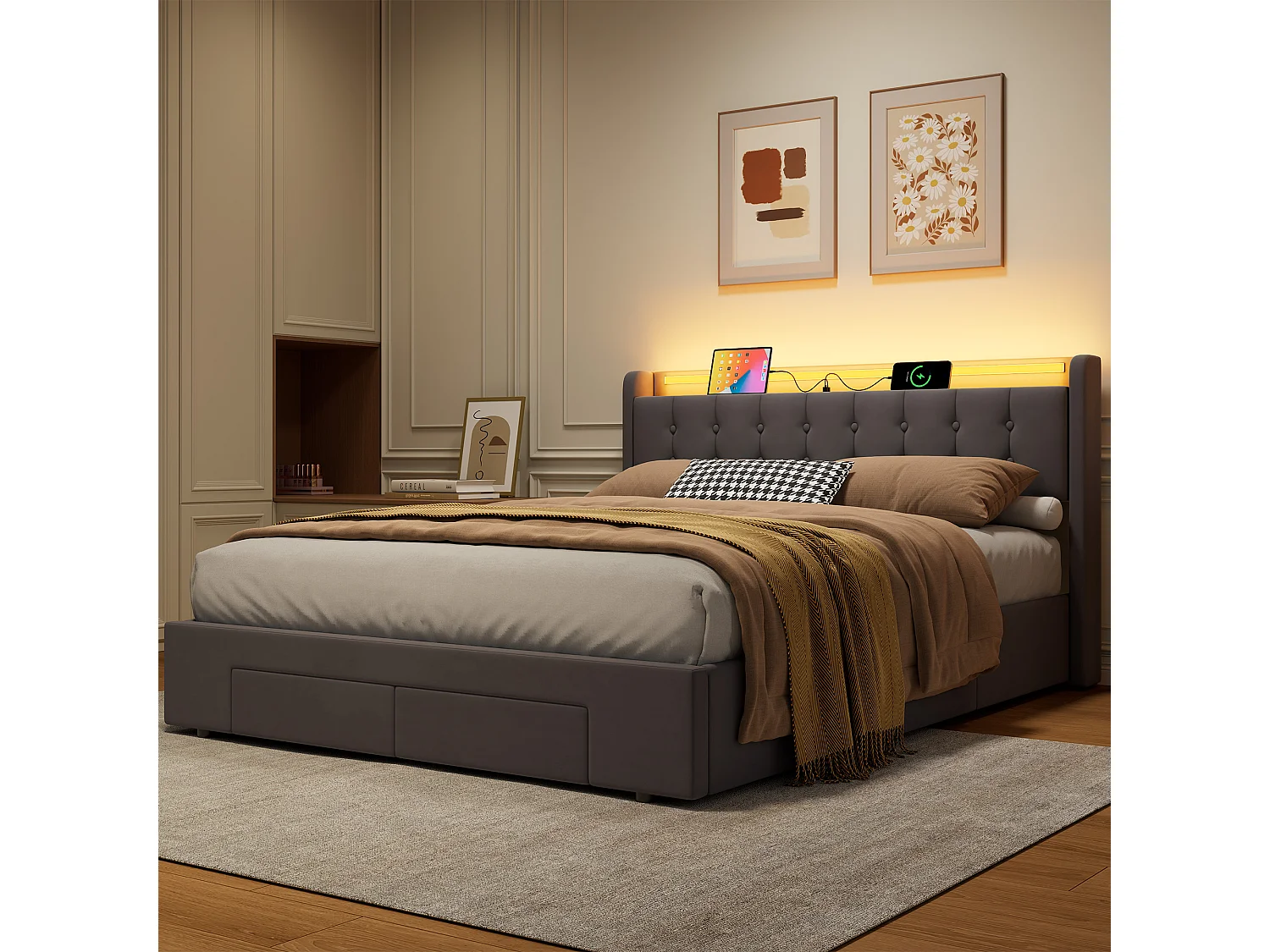 Letto contenitore per adulti 160x190 cm con porta USB, illuminazione a LED e cassetti – Letto matrimoniale in velluto grigio