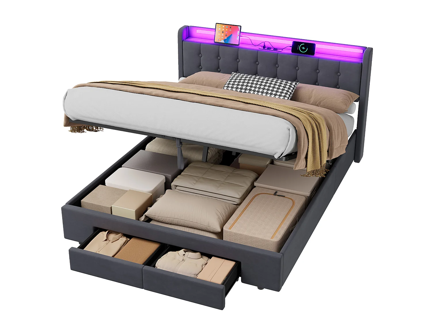Letto contenitore per adulti 160x190 cm con porta USB, illuminazione a LED e cassetti – Letto matrimoniale in velluto grigio