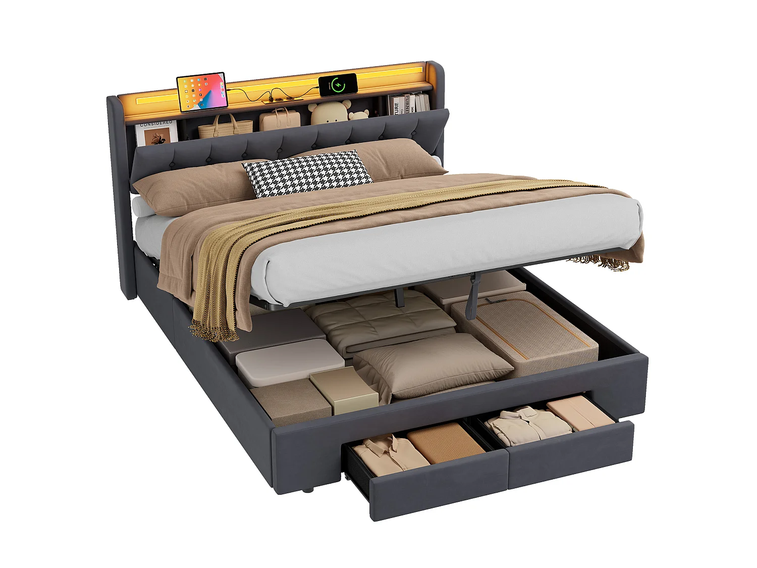Letto contenitore per adulti 160x190 cm con porta USB, illuminazione a LED e cassetti – Letto matrimoniale in velluto grigio