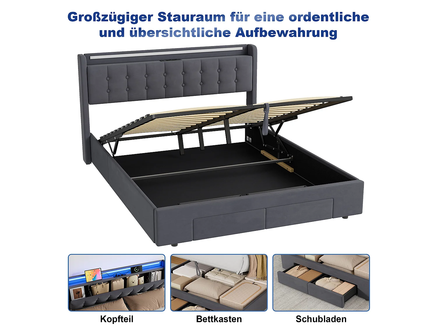 Letto contenitore per adulti 160x190 cm con porta USB, illuminazione a LED e cassetti – Letto matrimoniale in velluto grigio