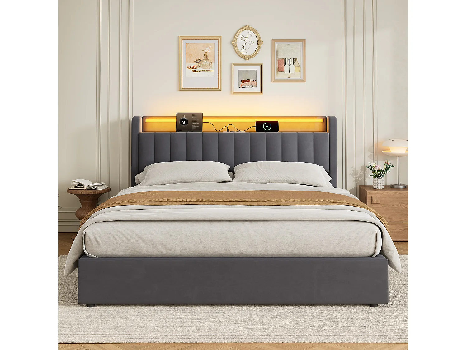 Letto contenitore 180x200 cm con illuminazione a LED e prese di corrente – Letto matrimoniale in velluto grigio