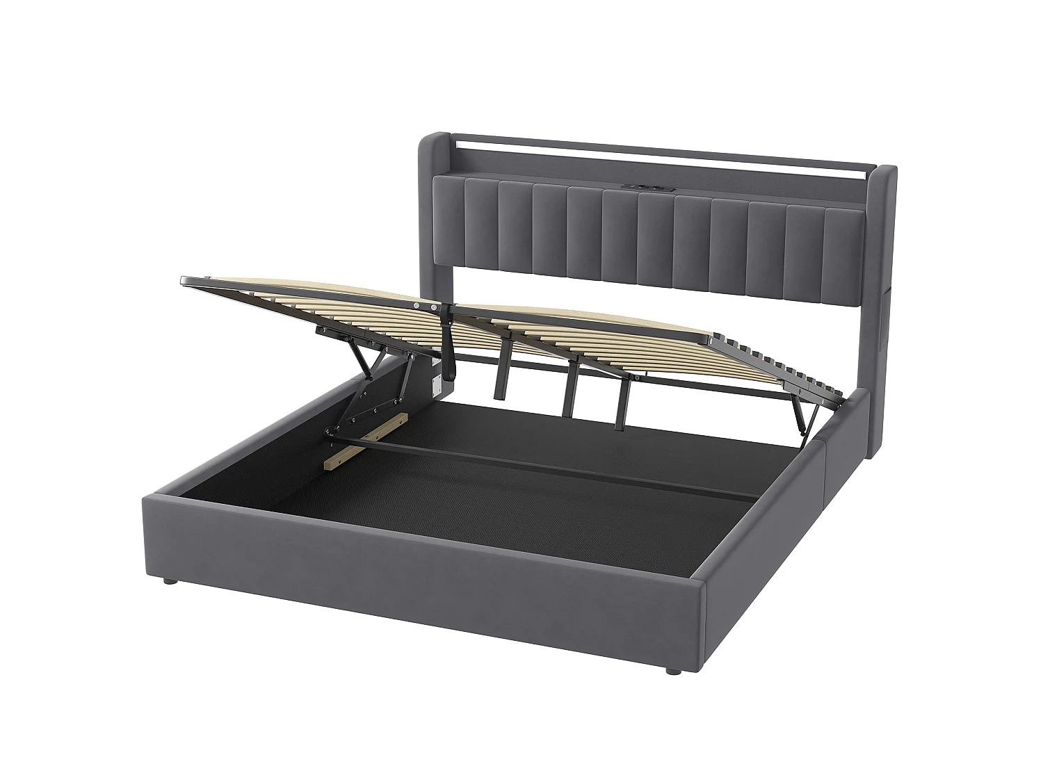 Letto contenitore 180x200 cm con illuminazione a LED e prese di corrente – Letto matrimoniale in velluto grigio