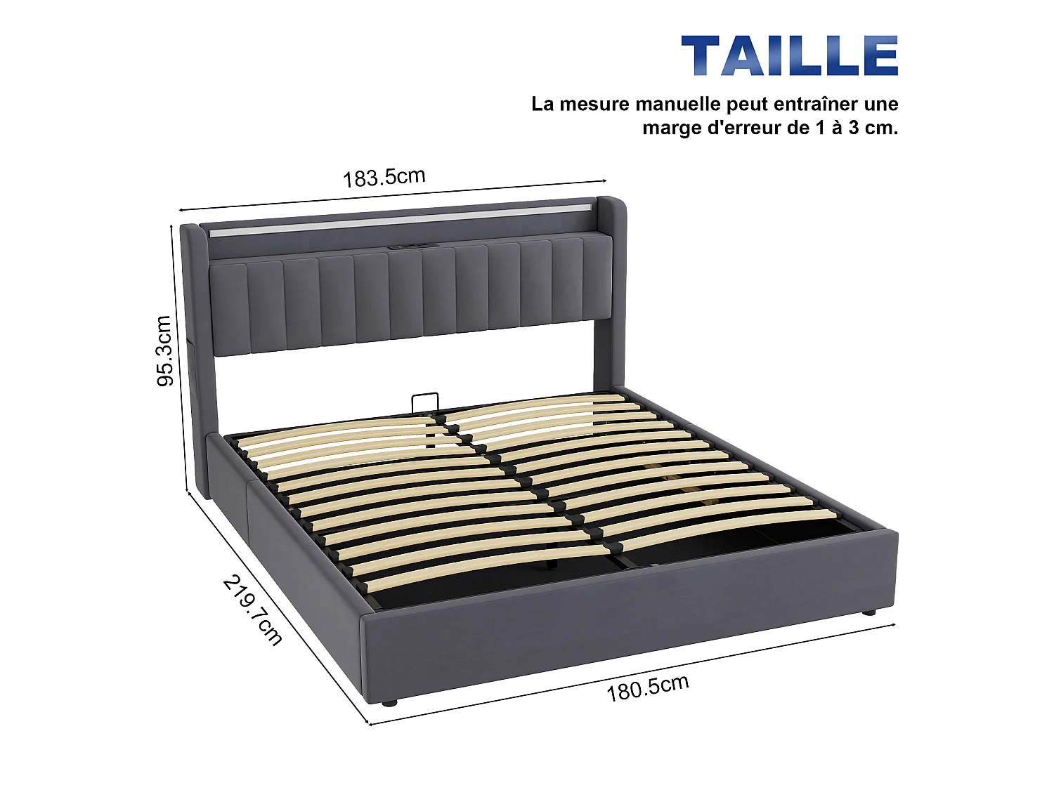 Letto contenitore 180x200 cm con illuminazione a LED e prese di corrente – Letto matrimoniale in velluto grigio