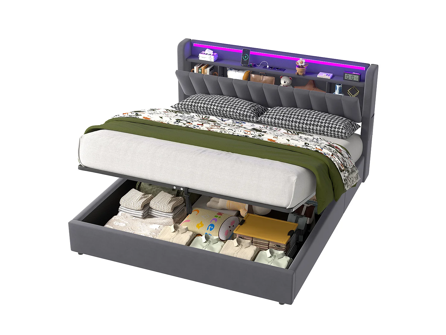 Letto contenitore 180x200 cm con illuminazione a LED e prese di corrente – Letto matrimoniale in velluto grigio