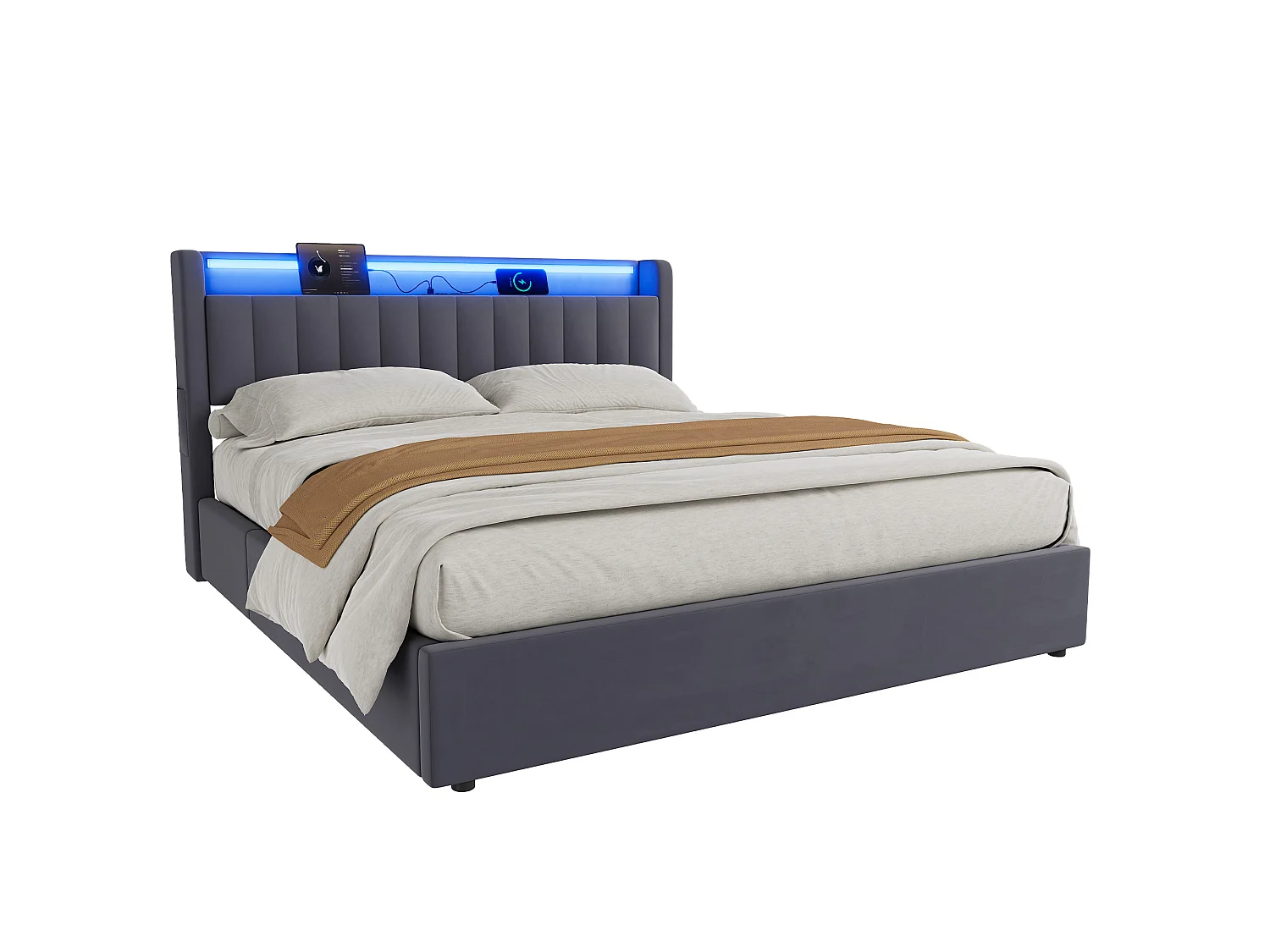 Letto contenitore 180x200 cm con illuminazione a LED e prese di corrente – Letto matrimoniale in velluto grigio