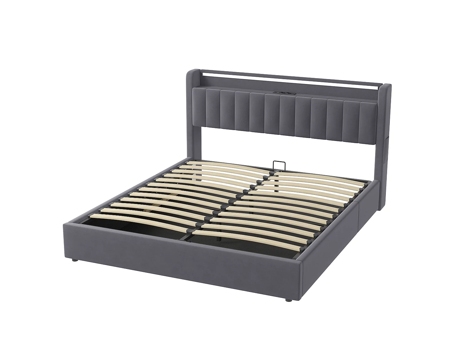 Letto contenitore 180x200 cm con illuminazione a LED e prese di corrente – Letto matrimoniale in velluto grigio