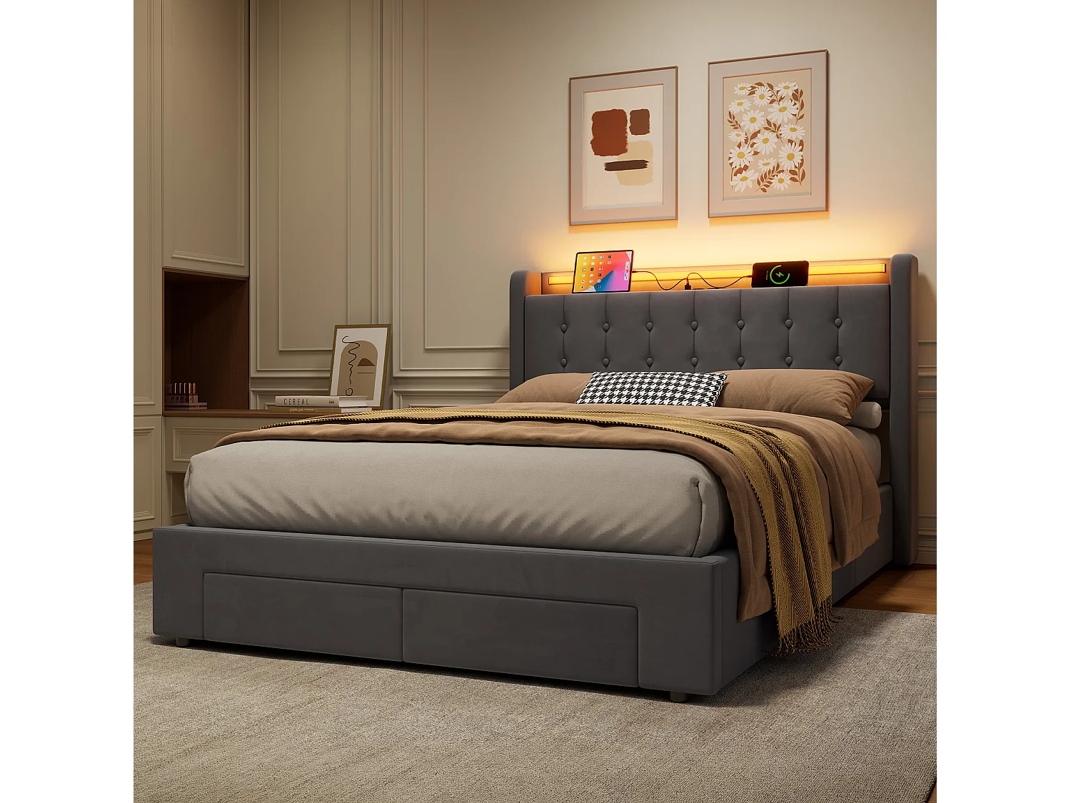 Letto contenitore per adulti 140x190 cm con porta USB, illuminazione a LED e cassetti – Velluto grigio, materasso non incluso