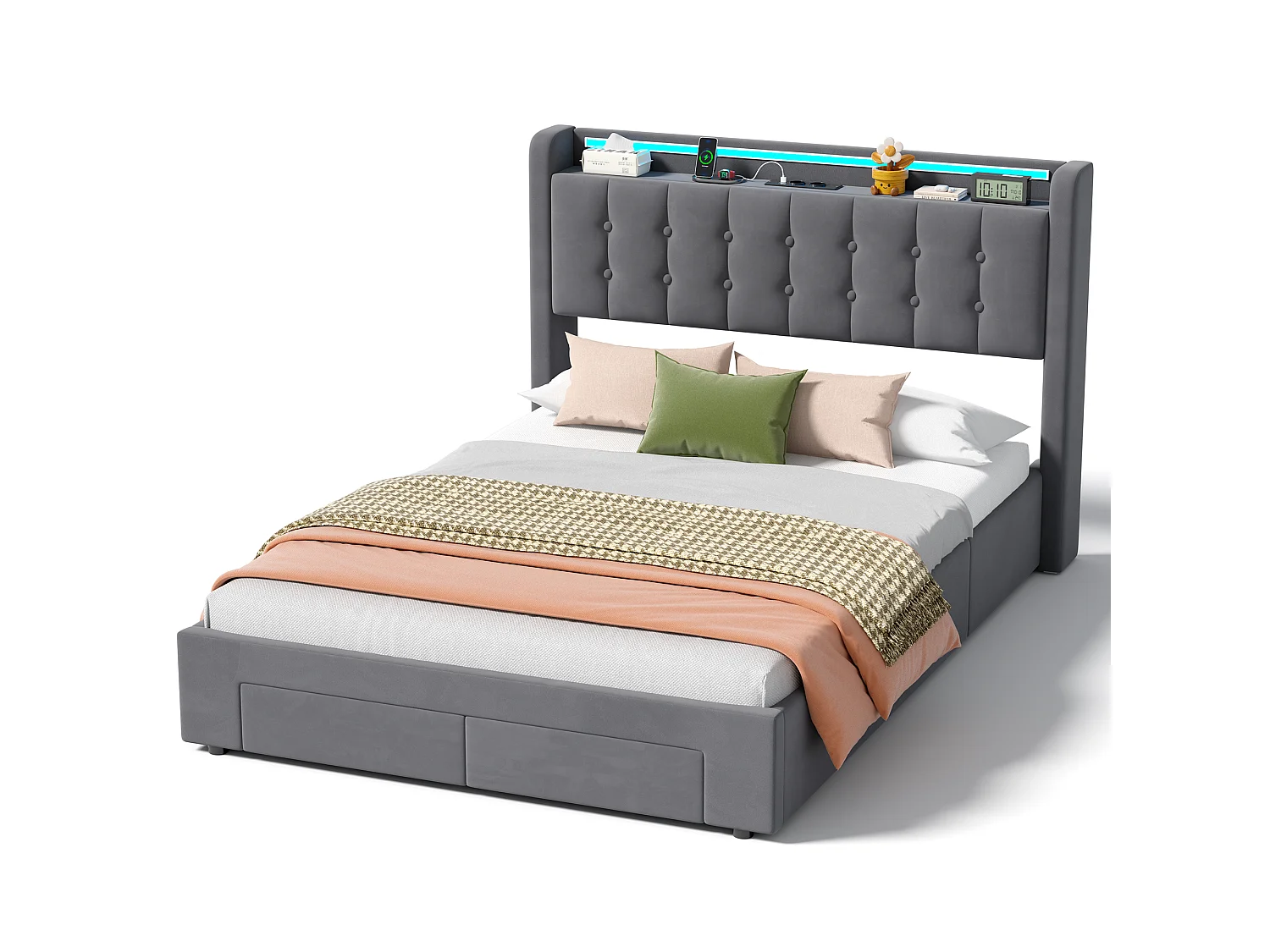 Letto contenitore per adulti 140x190 cm con porta USB, illuminazione a LED e cassetti – Velluto grigio, materasso non incluso