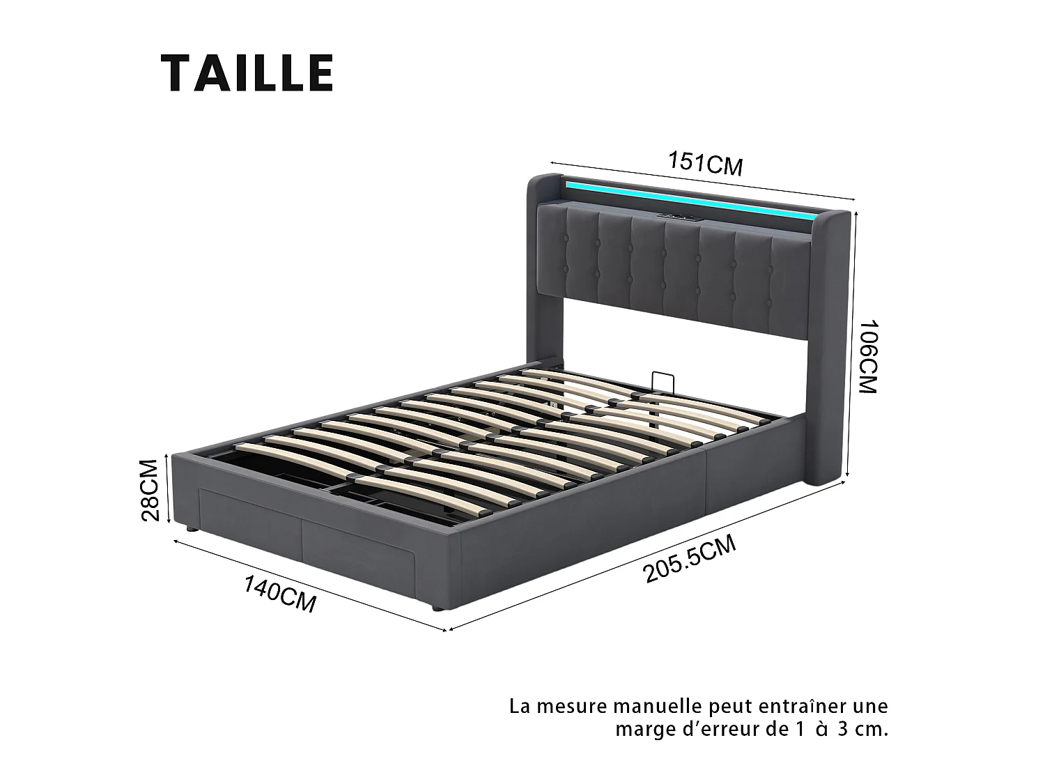Letto contenitore per adulti 140x190 cm con porta USB, illuminazione a LED e cassetti – Velluto grigio, materasso non incluso