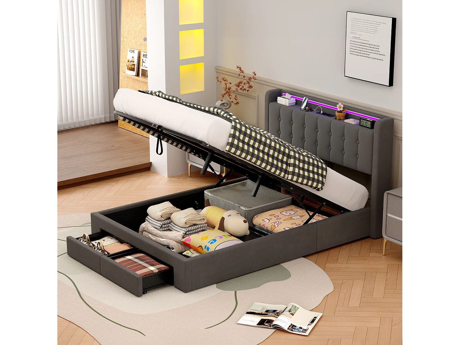 Letto contenitore per adulti 140x190 cm con porta USB, illuminazione a LED e cassetti – Velluto grigio, materasso non incluso