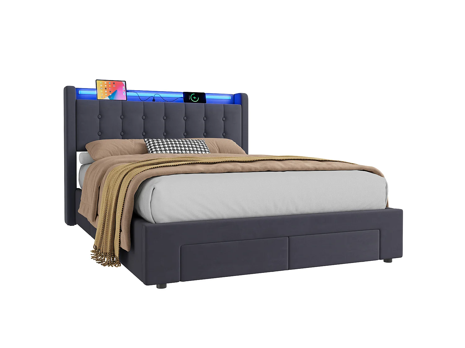 Letto contenitore per adulti 140x190 cm con porta USB, illuminazione a LED e cassetti – Velluto grigio, materasso non incluso