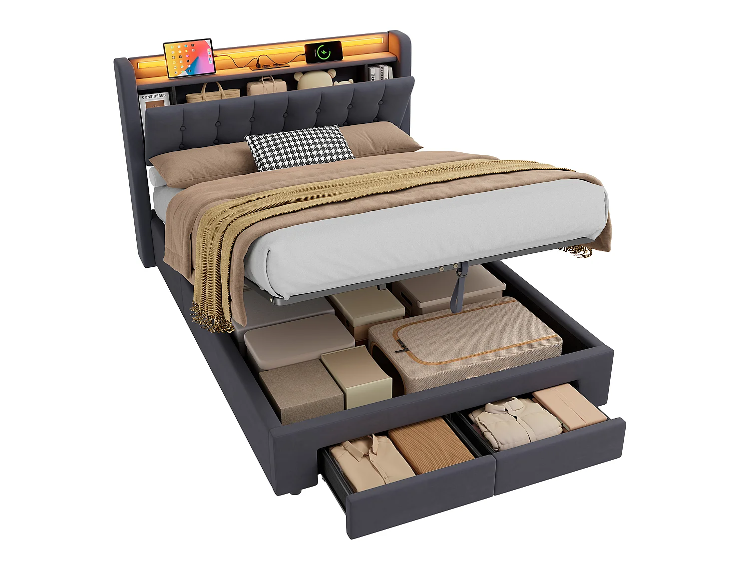 Letto contenitore per adulti 140x190 cm con porta USB, illuminazione a LED e cassetti – Velluto grigio, materasso non incluso