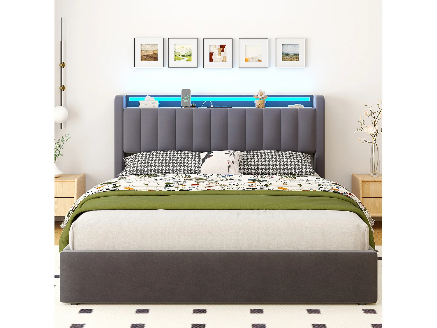 Letto contenitore 160x200 cm con illuminazione a LED e prese di corrente – Letto per adulti in velluto grigio