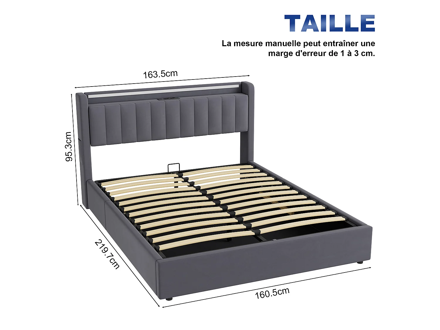 Letto contenitore 160x200 cm con illuminazione a LED e prese di corrente – Letto per adulti in velluto grigio
