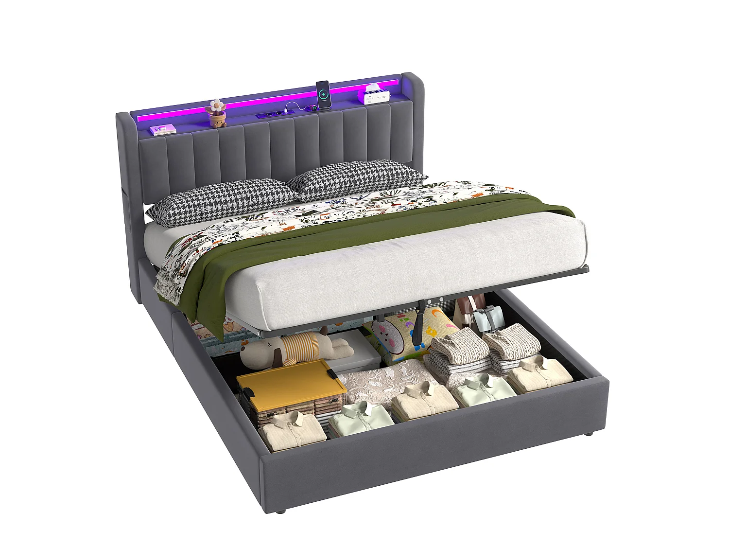 Letto contenitore 160x200 cm con illuminazione a LED e prese di corrente – Letto per adulti in velluto grigio