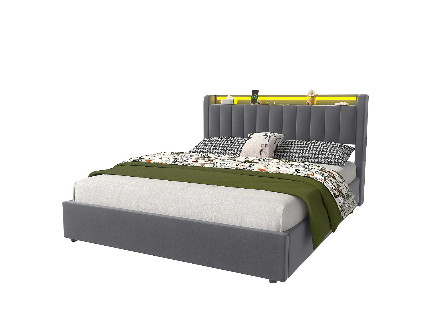 Letto contenitore 160x200 cm con illuminazione a LED e prese di corrente – Letto per adulti in velluto grigio
