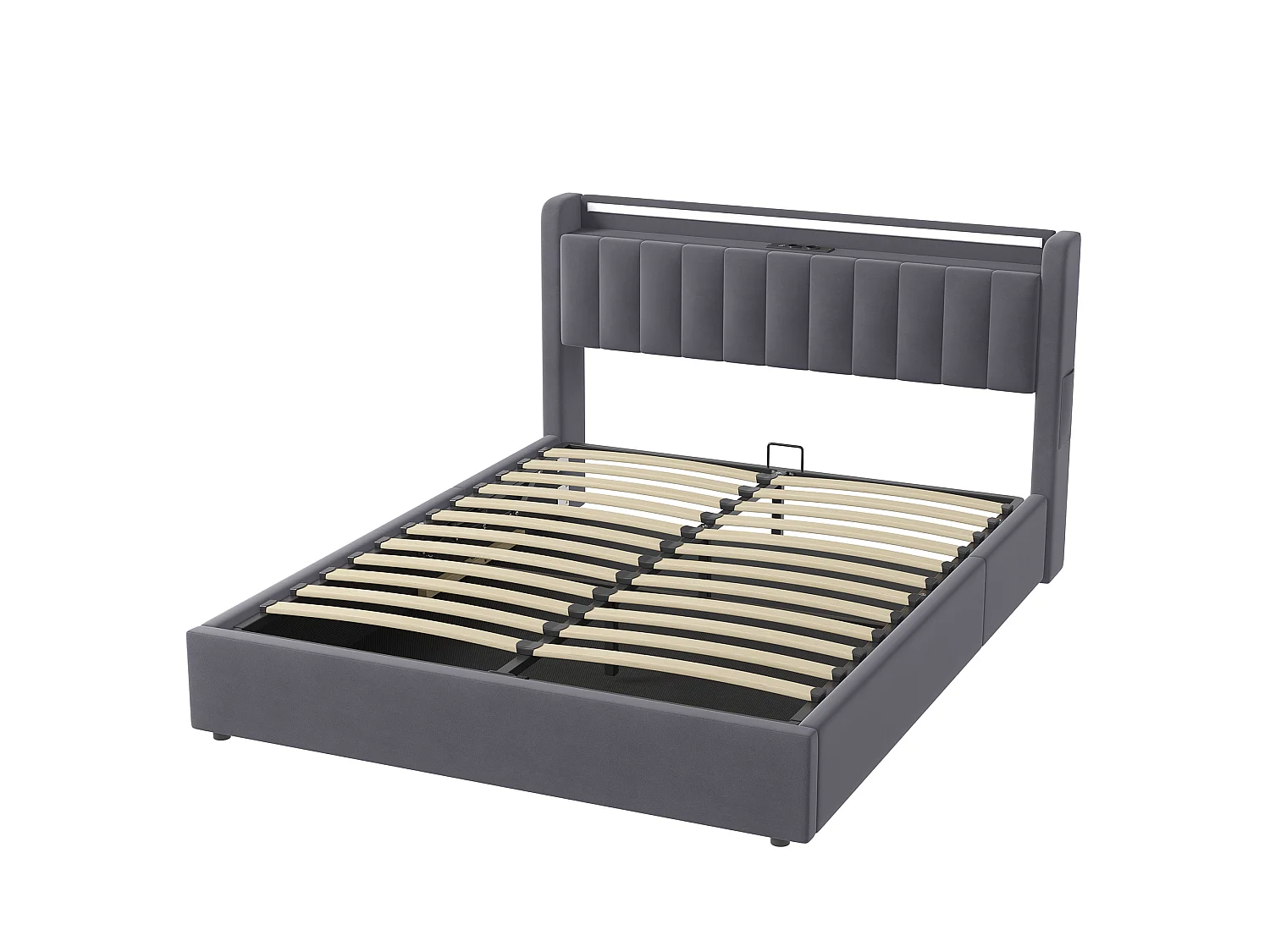 Letto contenitore 160x200 cm con illuminazione a LED e prese di corrente – Letto per adulti in velluto grigio