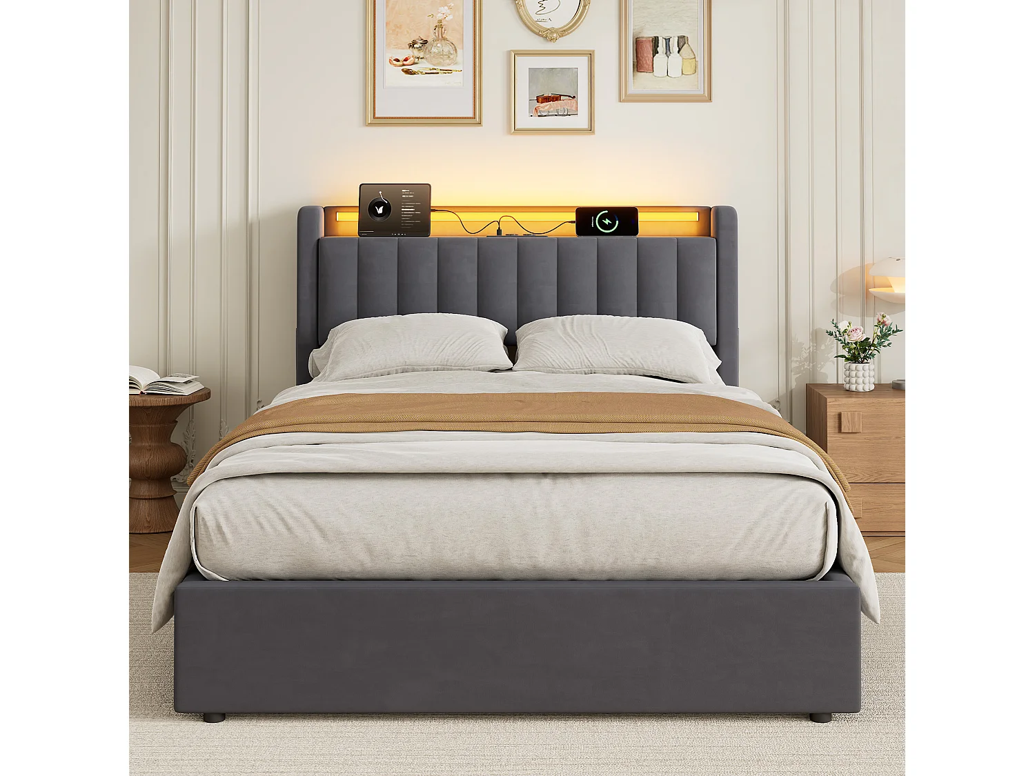 Letto contenitore 140x190 cm con illuminazione a LED e prese di corrente – Letto per adulti in velluto grigio (materasso non incluso)