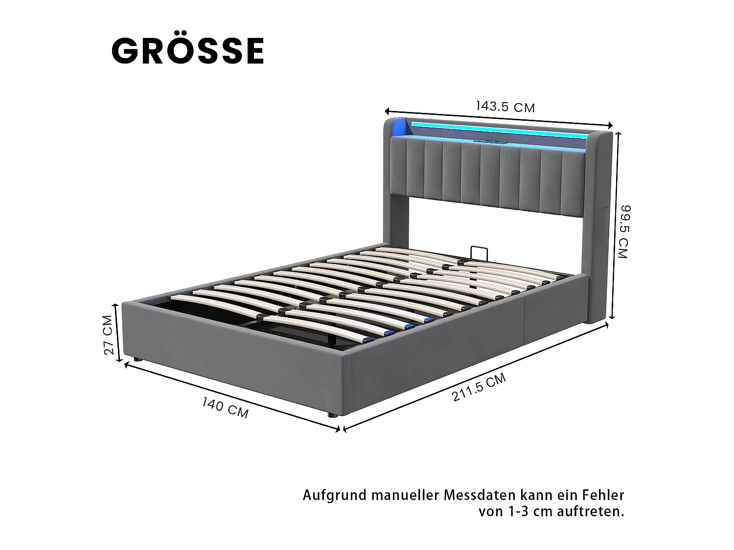 Letto contenitore 140x190 cm con illuminazione a LED e prese di corrente – Letto per adulti in velluto grigio (materasso non incluso)