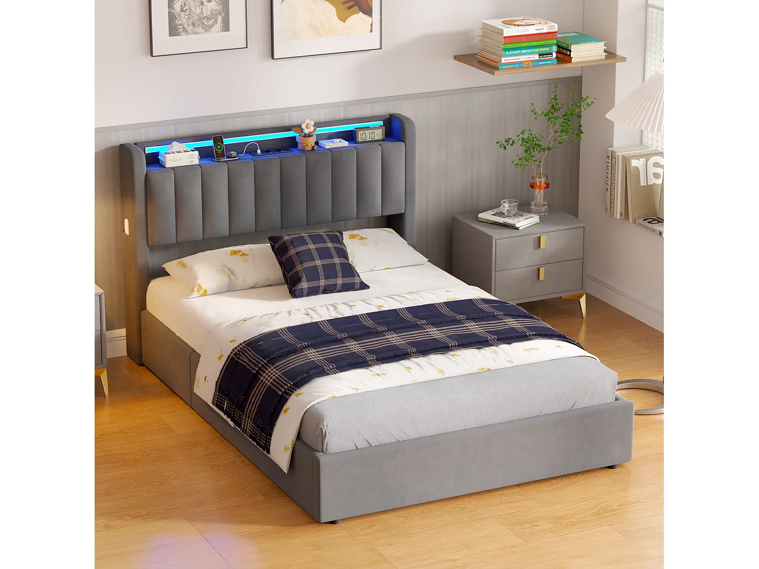 Letto contenitore 140x190 cm con illuminazione a LED e prese di corrente – Letto per adulti in velluto grigio (materasso non incluso)