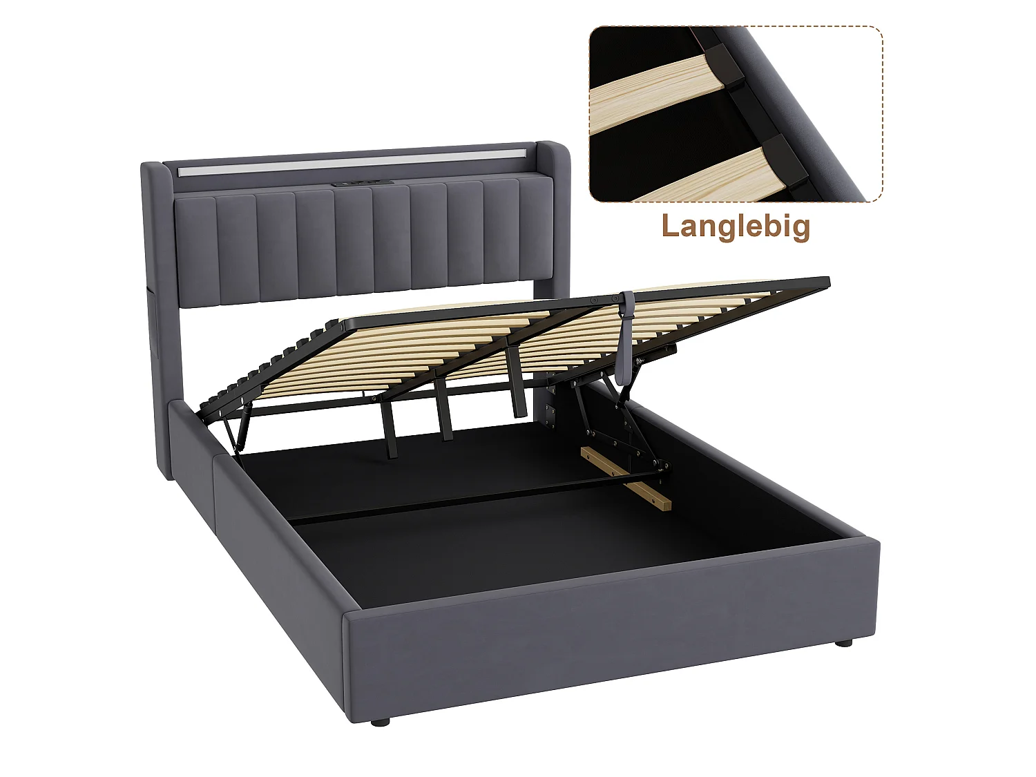 Letto contenitore 140x190 cm con illuminazione a LED e prese di corrente – Letto per adulti in velluto grigio (materasso non incluso)