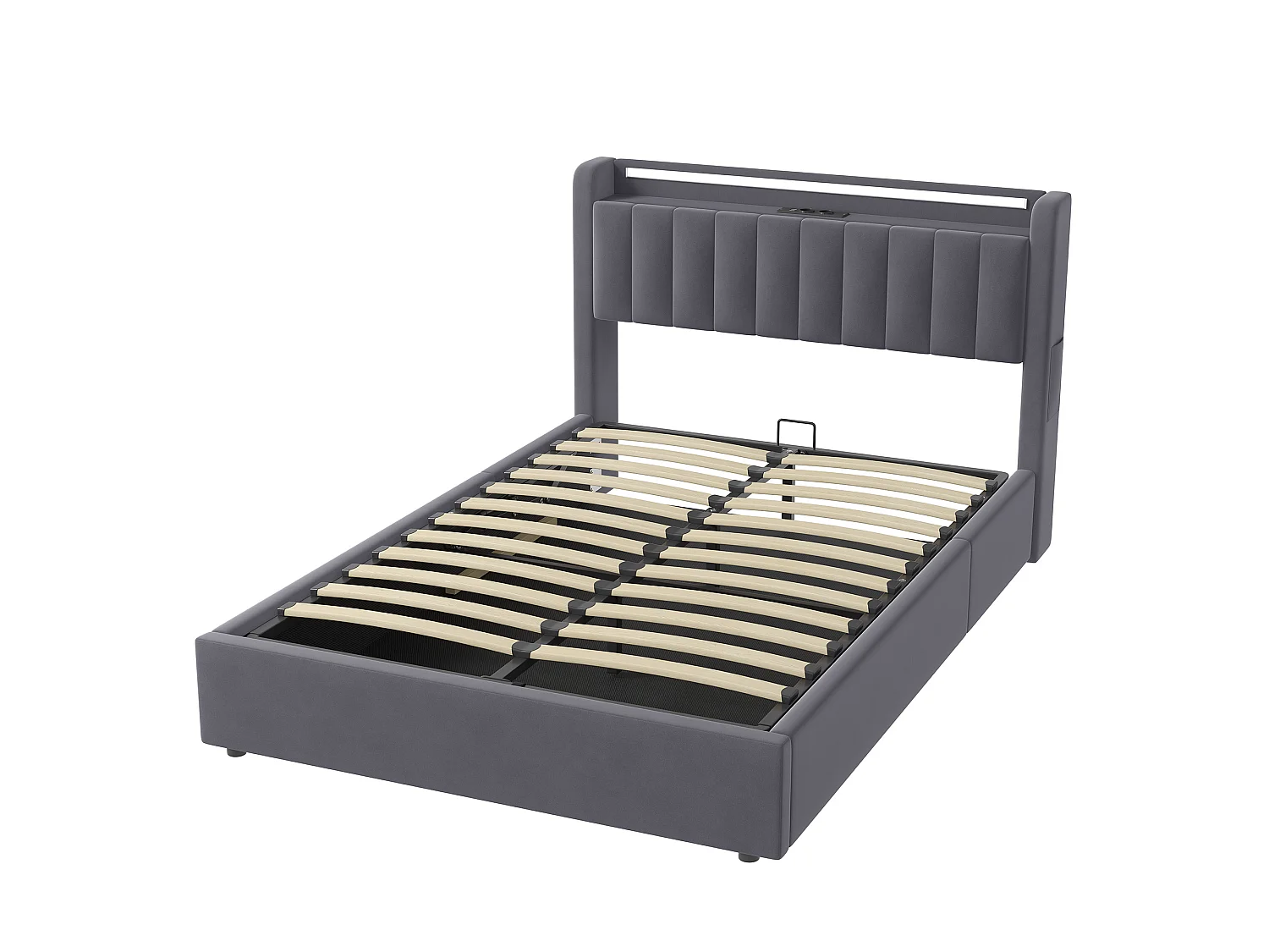 Letto contenitore 140x190 cm con illuminazione a LED e prese di corrente – Letto per adulti in velluto grigio (materasso non incluso)