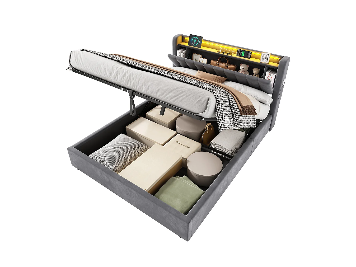 Letto contenitore 140x190 cm con illuminazione a LED e prese di corrente – Letto per adulti in velluto grigio (materasso non incluso)