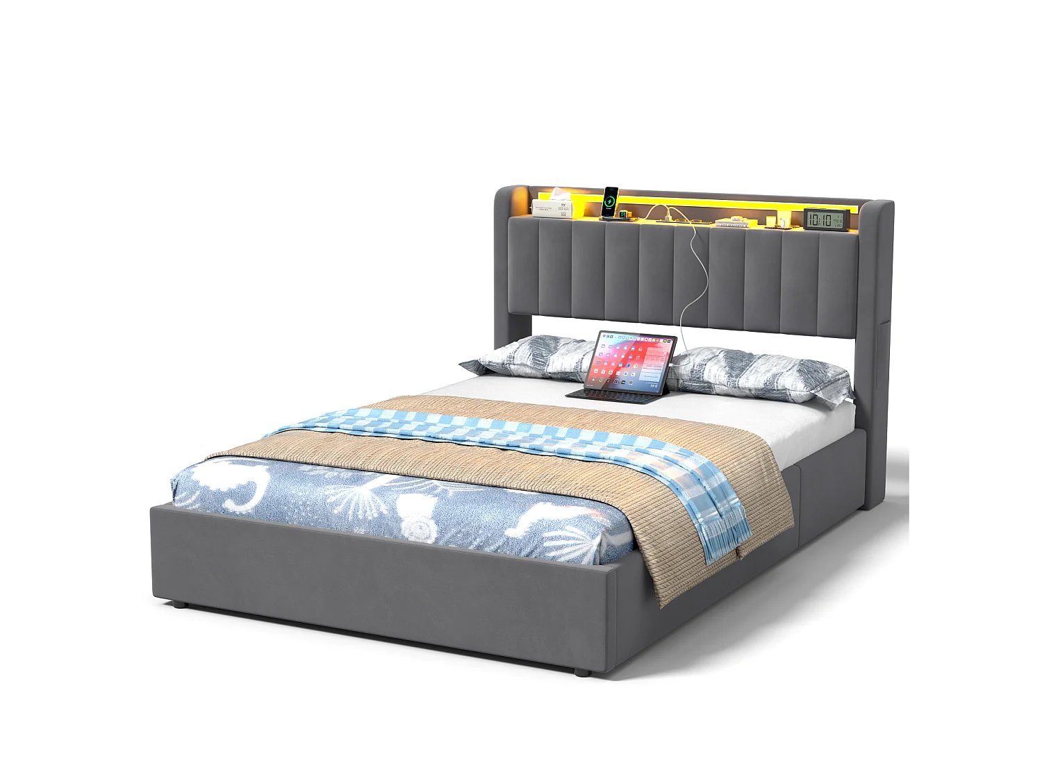 Letto contenitore 140x190 cm con illuminazione a LED e prese di corrente – Letto per adulti in velluto grigio (materasso non incluso)