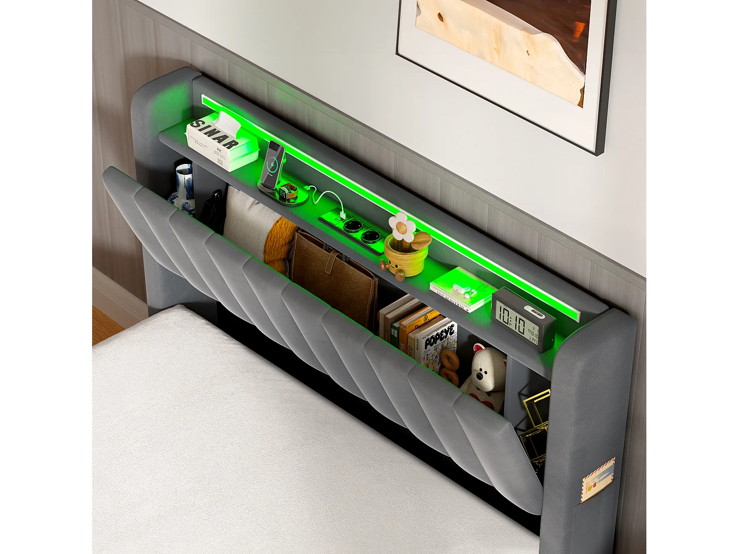 Letto contenitore 140x190 cm con illuminazione a LED e prese di corrente – Letto per adulti in velluto grigio (materasso non incluso)