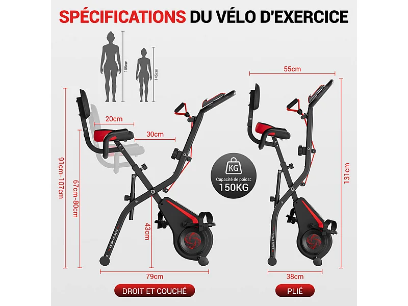 Stille motionscykel - med App, LCD Skærm, Pulsmåling, Modstandsbånd - 10 Modstandsniveauer - Rød