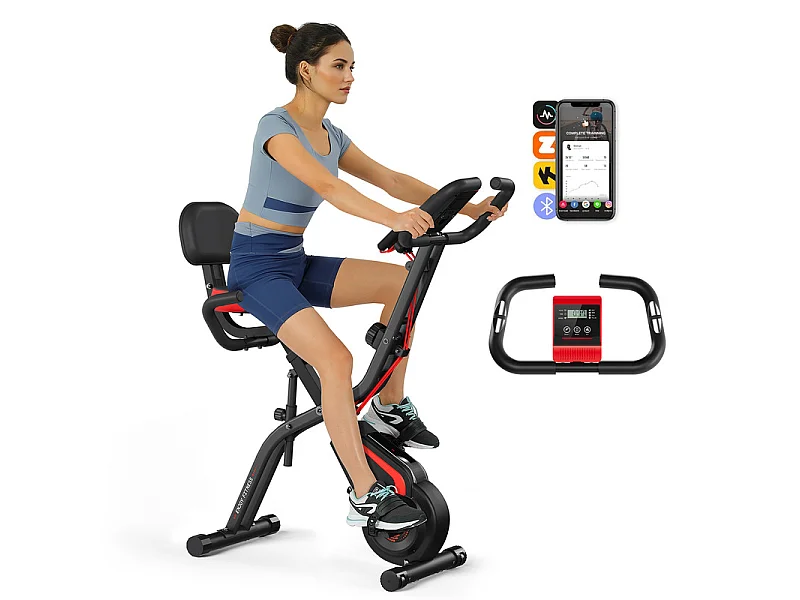 Stille motionscykel - med App, LCD Skærm, Pulsmåling, Modstandsbånd - 10 Modstandsniveauer - Rød