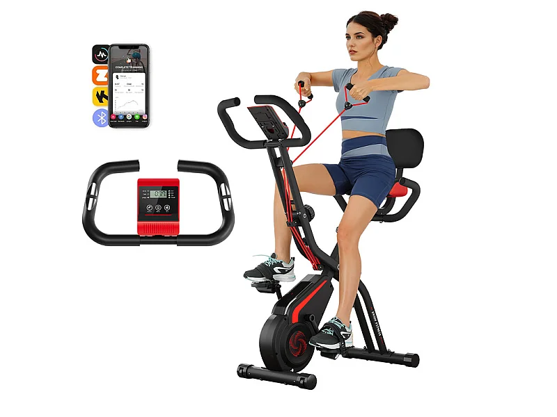Stille motionscykel - med App, LCD Skærm, Pulsmåling, Modstandsbånd - 10 Modstandsniveauer - Rød