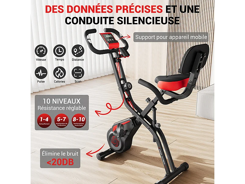 Stille motionscykel - med App, LCD Skærm, Pulsmåling, Modstandsbånd - 10 Modstandsniveauer - Rød