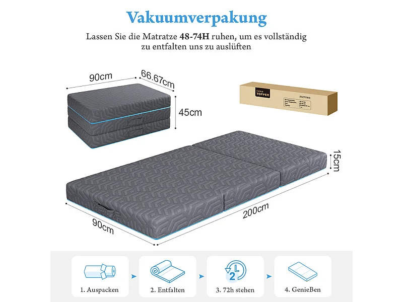 Matratze 90x200cm - 15cm Hochdichter Schaum + Gel-Memory-Schaum - Faltbar und Abnehmbar