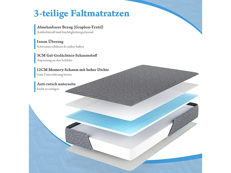 Matratze 90x200cm - 15cm Hochdichter Schaum + Gel-Memory-Schaum - Faltbar und Abnehmbar