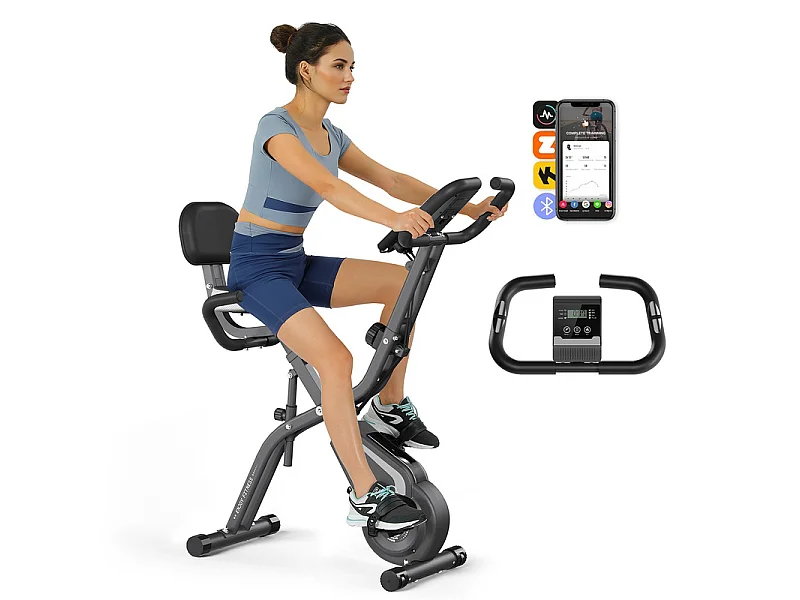 Stille motionscykel - med App, LCD Skærm, Pulsmåling, Modstandsbånd - 10 Modstandsniveauer - Grå