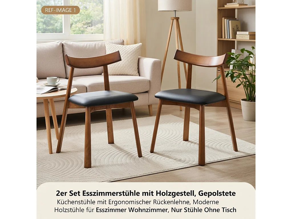 Lot de 2 chaises de salle à manger, structure en bois, avec dossier ergonomique, chaises seules (table non comprise),  noir