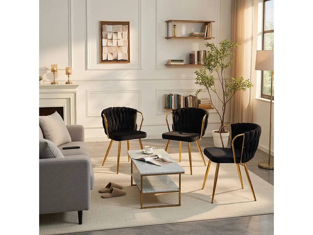 Chaises de salle à manger, lot de deux ,avec dossier tressé et pieds en métal doré, ergonomique, en velours, noir et doré
