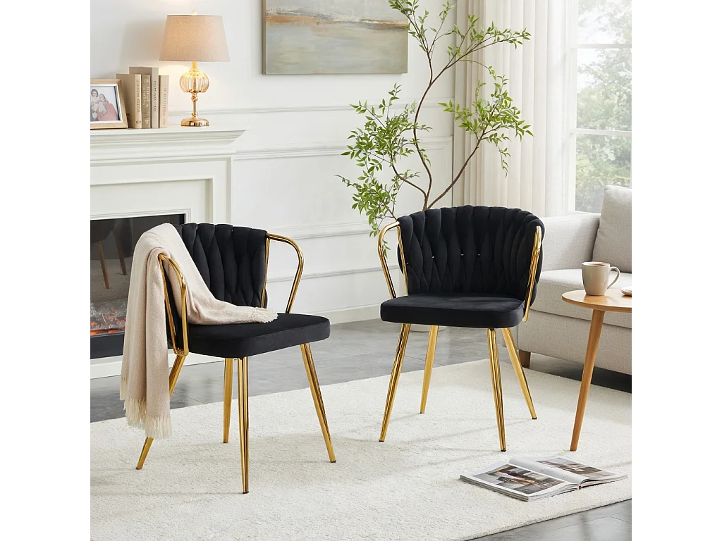 Chaises de salle à manger, lot de deux ,avec dossier tressé et pieds en métal doré, ergonomique, en velours, noir et doré