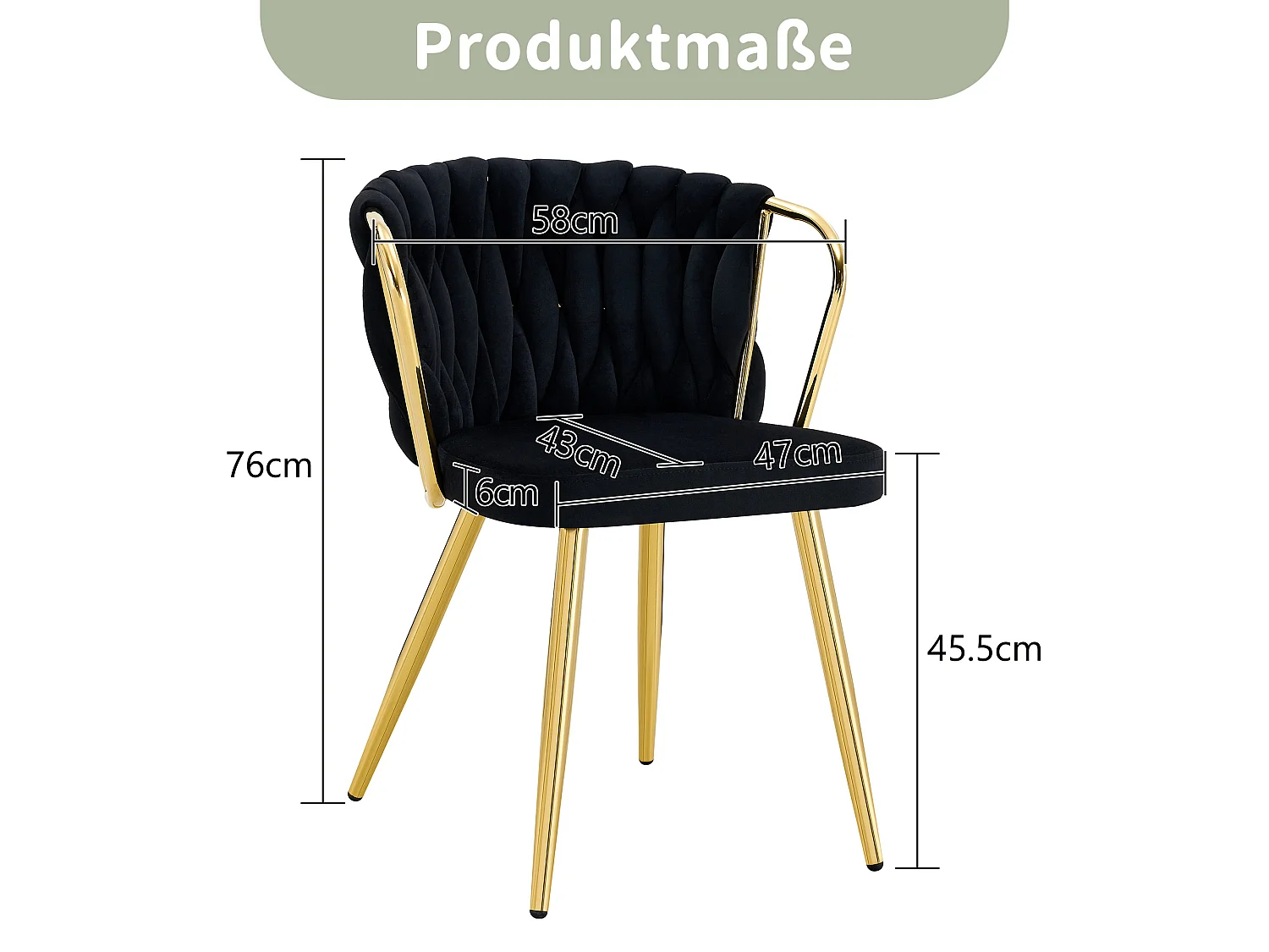 Chaises de salle à manger, lot de deux ,avec dossier tressé et pieds en métal doré, ergonomique, en velours, noir et doré