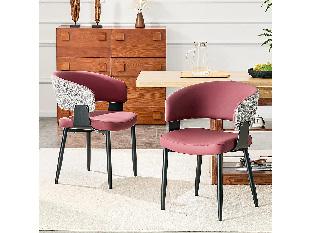 Eetkamerstoelen, set van 2, met afgeronde armleuningen en een rugleuning met print, van kunstleer, voorzien van stevige poten, rood