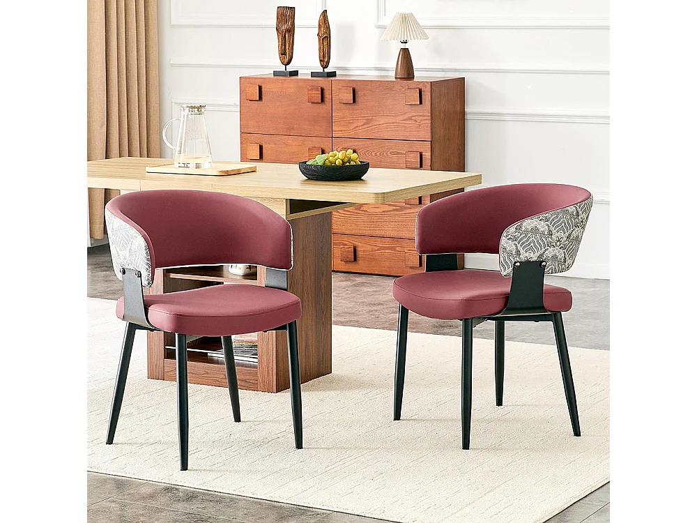 Eetkamerstoelen, set van 2, met afgeronde armleuningen en een rugleuning met print, van kunstleer, voorzien van stevige poten, rood