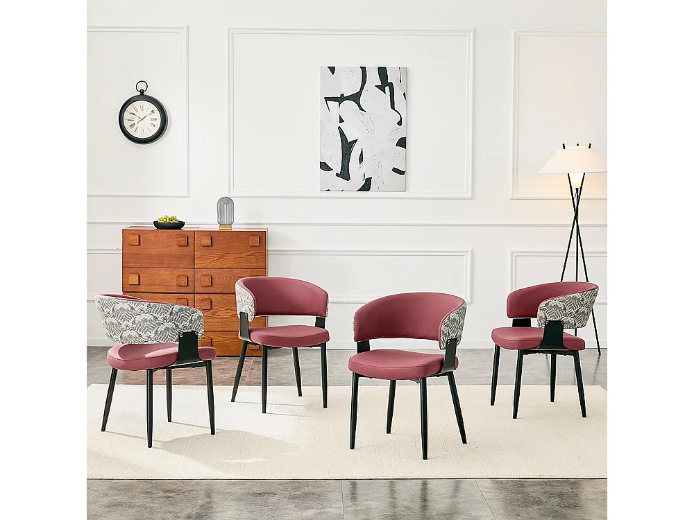 Eetkamerstoelen, set van 2, met afgeronde armleuningen en een rugleuning met print, van kunstleer, voorzien van stevige poten, rood