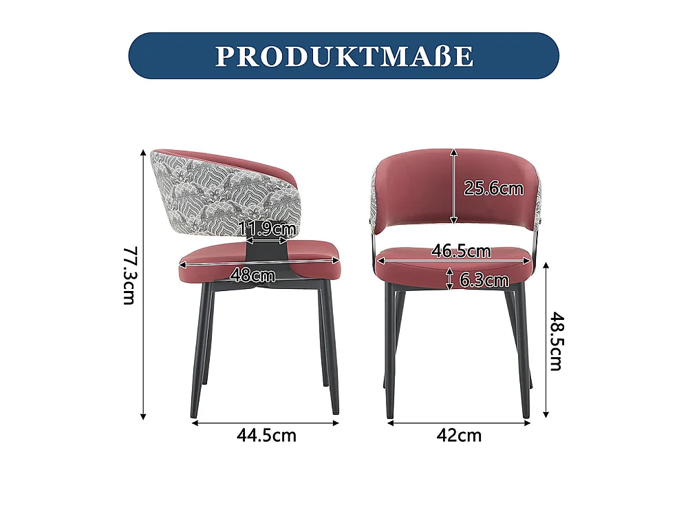 Eetkamerstoelen, set van 2, met afgeronde armleuningen en een rugleuning met print, van kunstleer, voorzien van stevige poten, rood