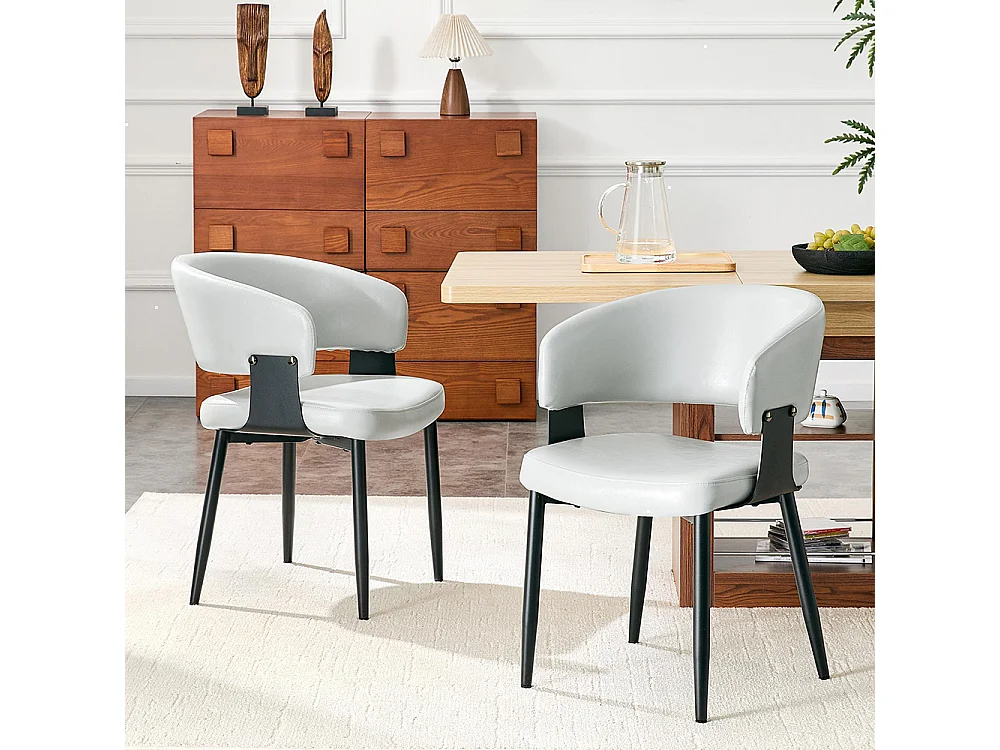 Eetkamerstoelen, set van 2, met afgeronde armleuningen, keukenstoelen van kunstleer, voorzien van stevige poten, grijs