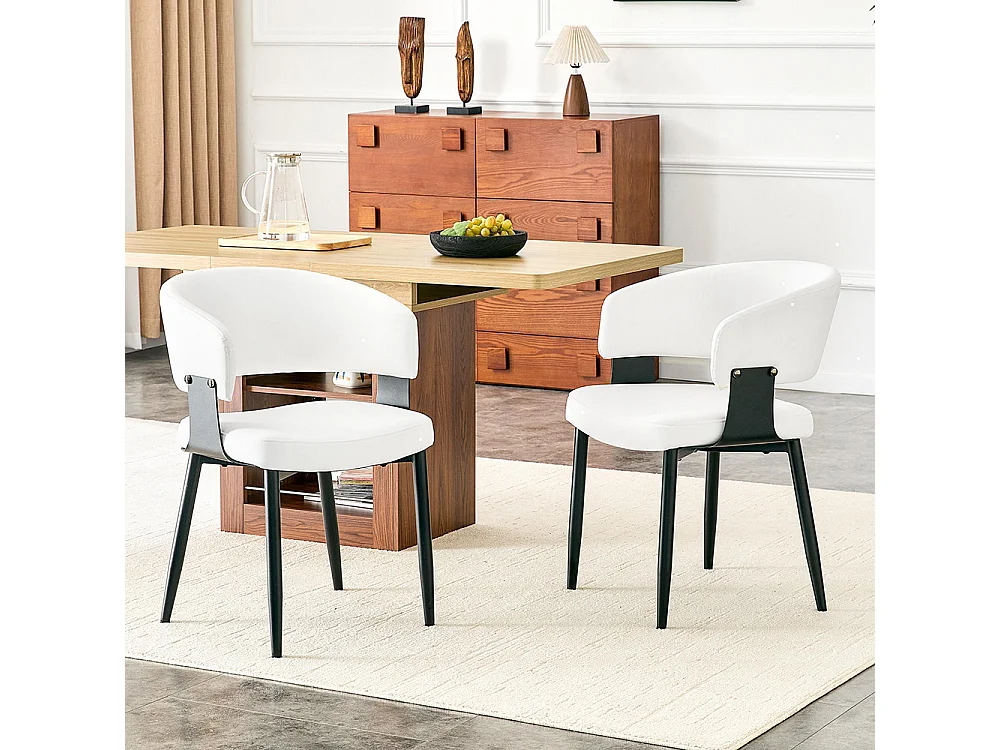 Eetkamerstoelen, set van 2, met afgeronde armleuningen en een rugleuning met print, van kunstleer, voorzien van stevige poten, wit + zwart