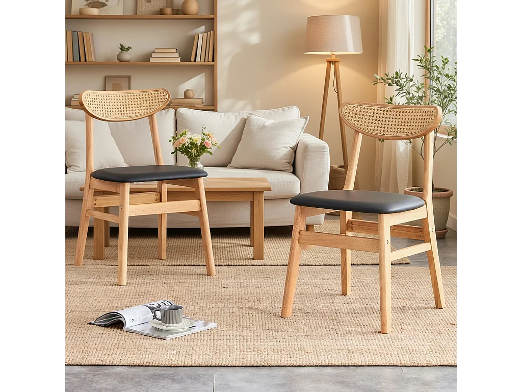 Lote de 2 sillas de comedor con respaldo de ratán y madera maciza, piezas únicas, ergonómicas, con asiento tapizado, negro